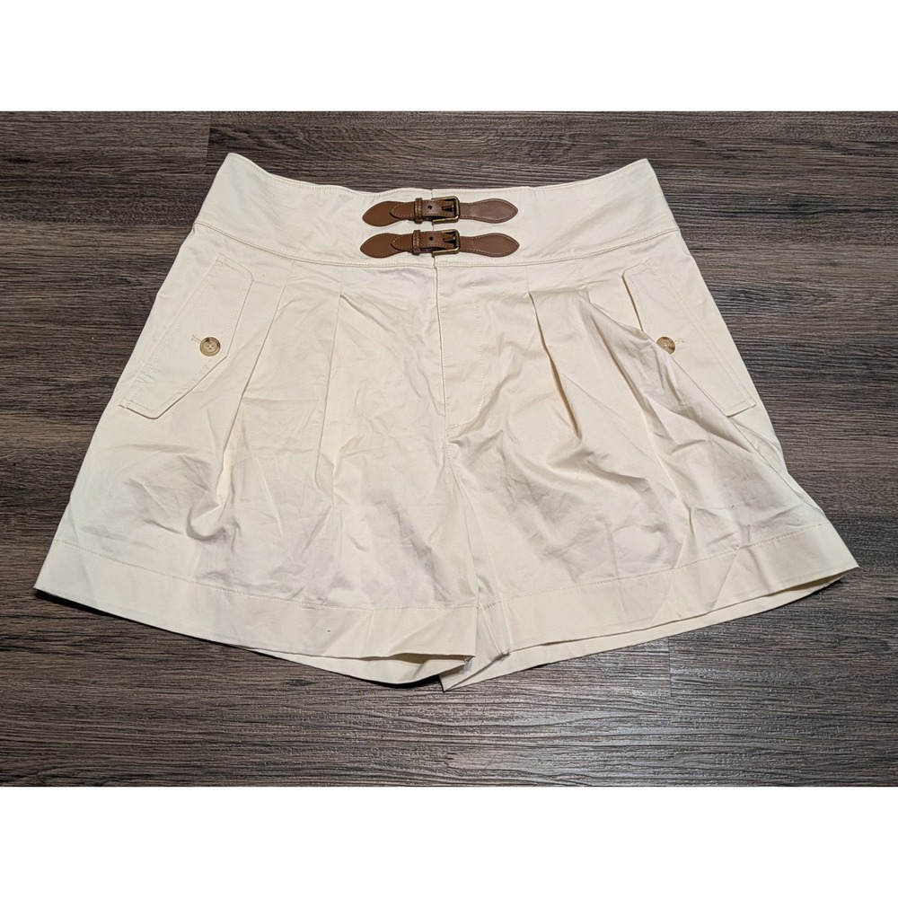 Lauren Ralph Lauren Cream Pleated‎ Safari Shorts Double Leather Buckle Size 10